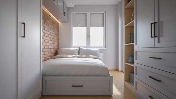 Wide shot of a narrow bedroom layout